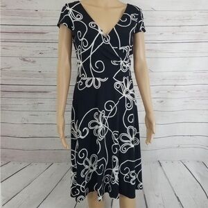 Maggy London Elegant Black and White Floral Wrap Dress